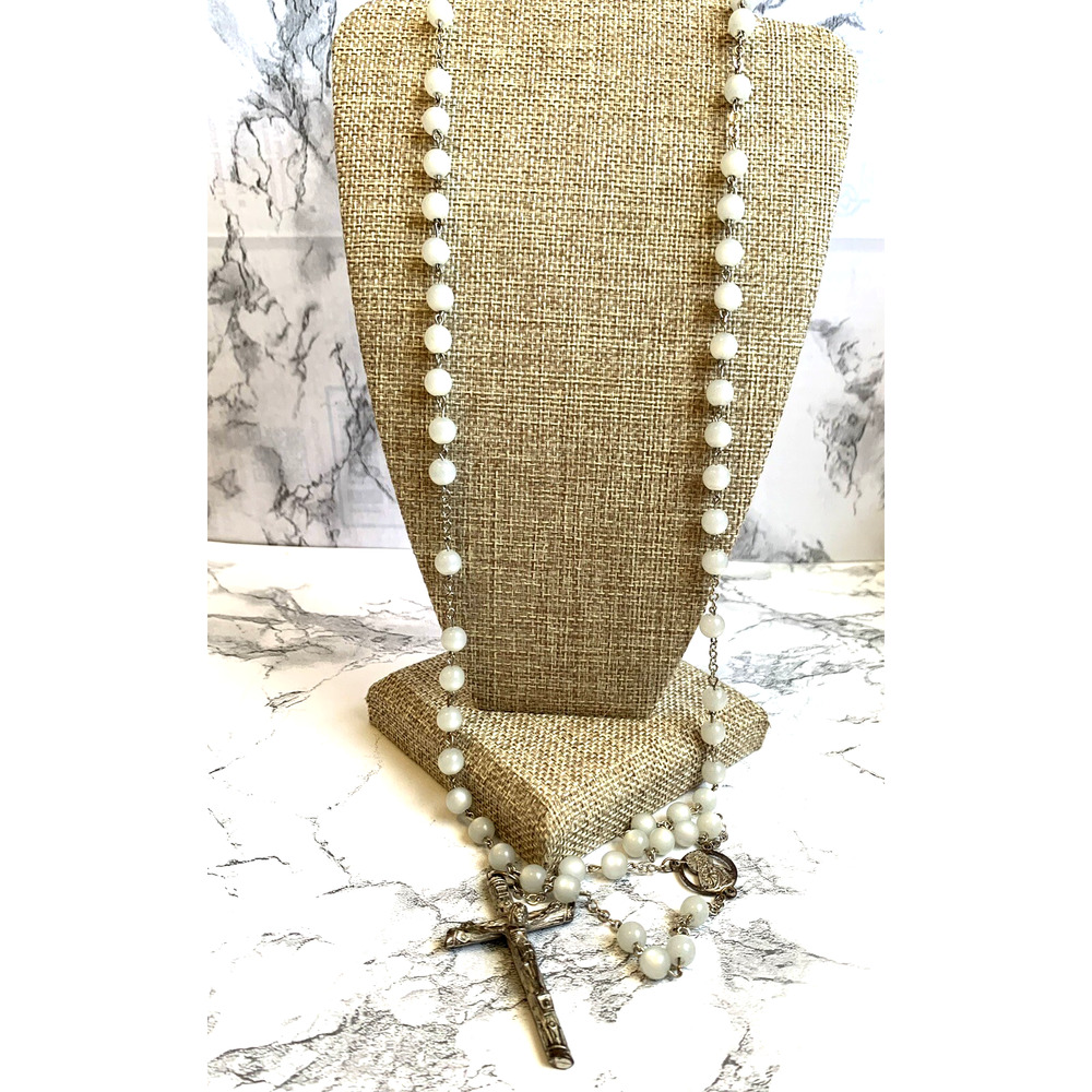 Vintage Rosary Light Blue Moon Glow Beaded Silver Tone Wood Grain Crucifix ~